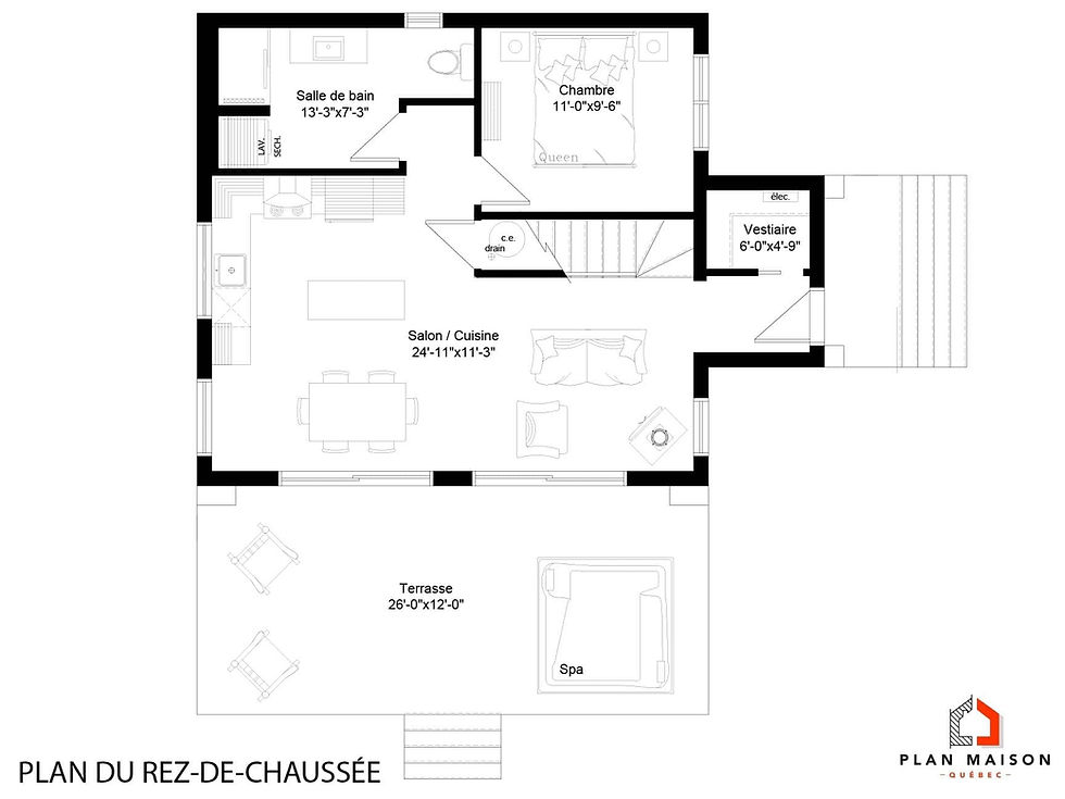 Thumbnail: Plan de chalet scandinave 2 chambres avec mezzanine - Plan du rez-de-chaussée