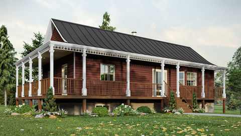 maison champêtre avec galerie panoramique et toiture inclinée