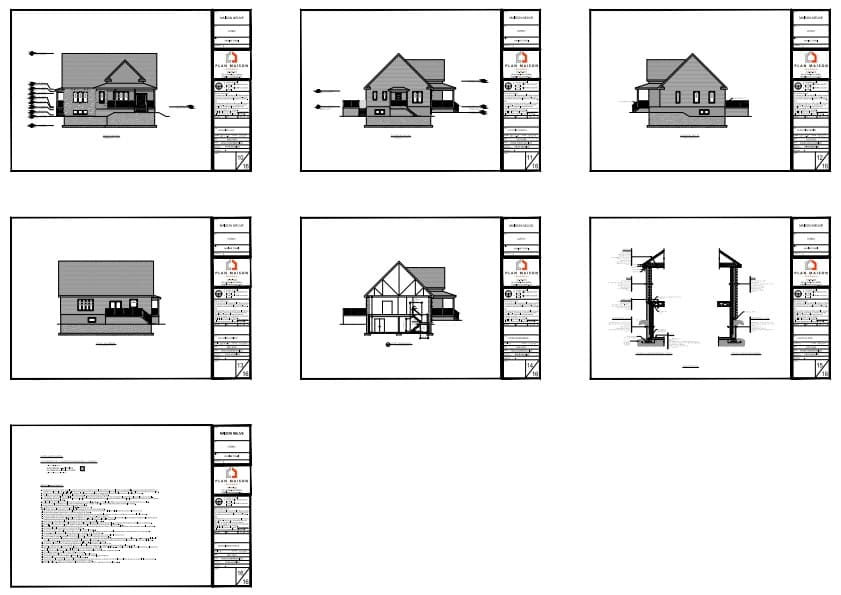 Élévations architecturales d'une maison farmhouse avec sous-sol habitable et galerie couverte.