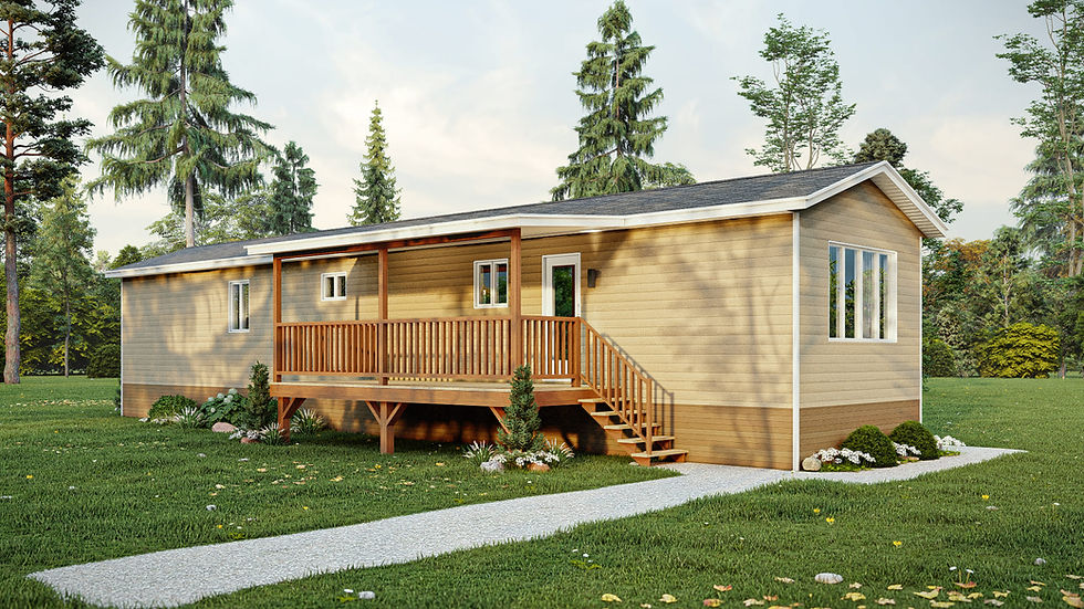 Perspective avant d’un plan de maison mobile rectangulaire avec galerie et entrée principale.