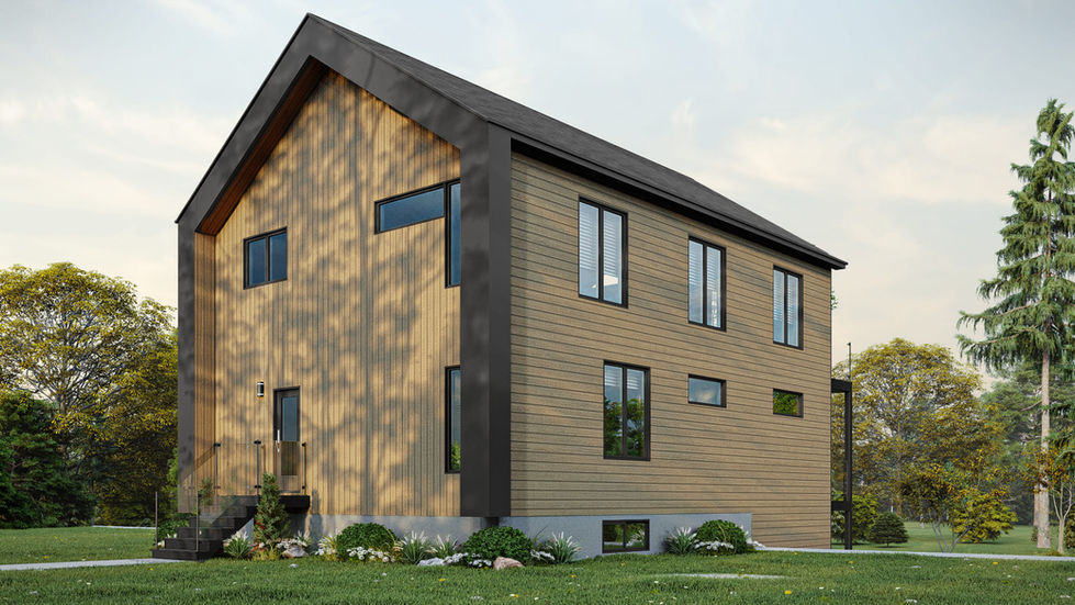 Façade avant d'un chalet scandinave contemporain à quatre chambres.