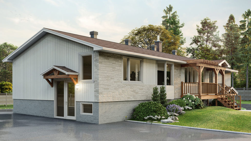 Réfection de façade de bungalow avec porche couvert et revêtement extérieur moderne.