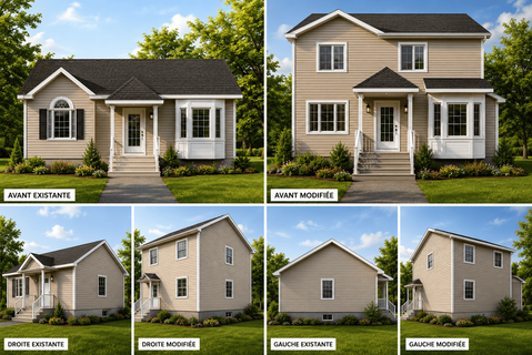 Perspective 3D comparant une maison existante et sa version transformée avec ajout d’un étage.