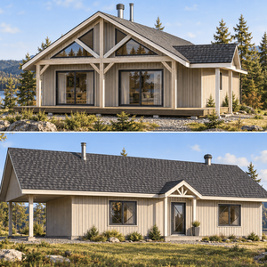 Chalet champêtre avec galerie couverte et grandes fenêtres en milieu naturel