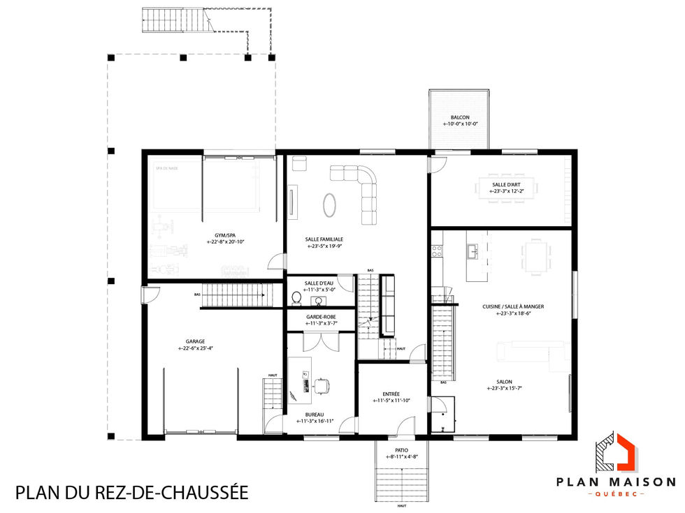 Plan du rez-de-chaussée d'une maison intergénérationnelle avec garage intégré et grandes aires ouvertes.