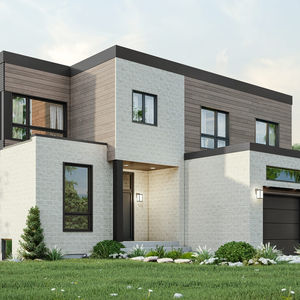Conception 3D maison moderne à toit plat avec garage double – façade avant avec maçonnerie claire et volumes cubiques.