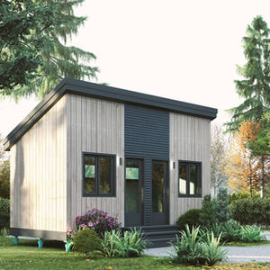 mini maison design en bois à toit incliné façade avant architecture minimaliste