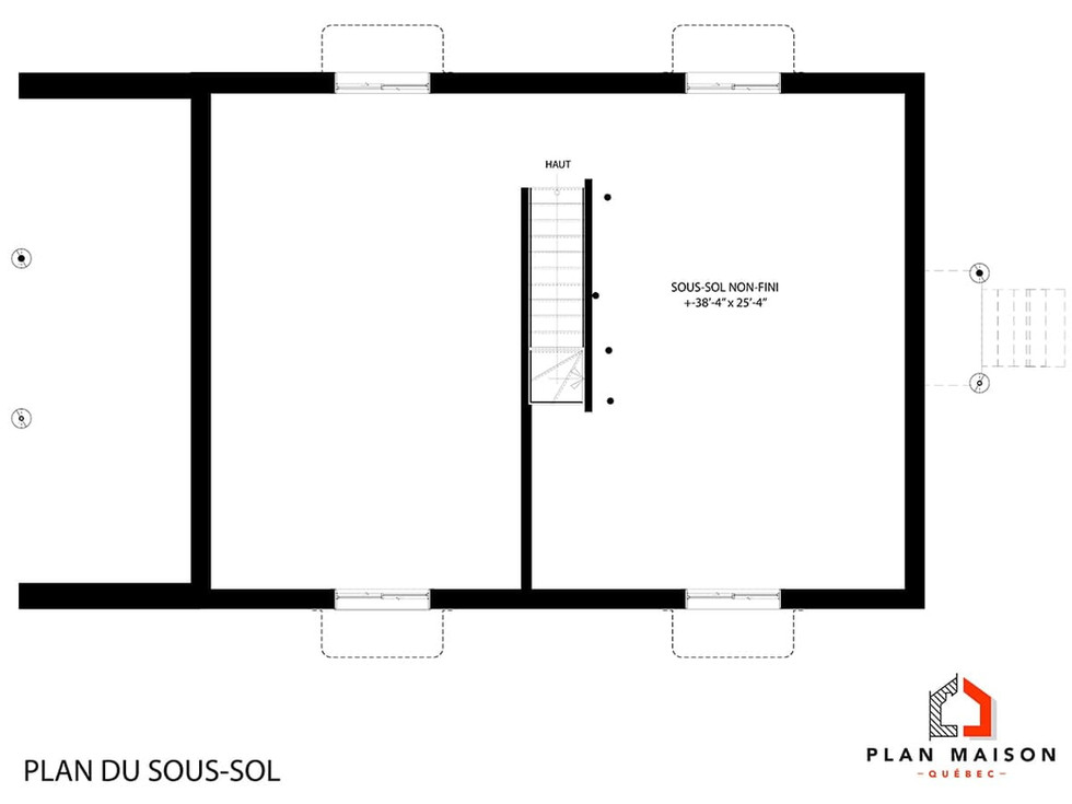 Plan du sous-sol non fini d’un chalet contemporain noir avec mezzanine