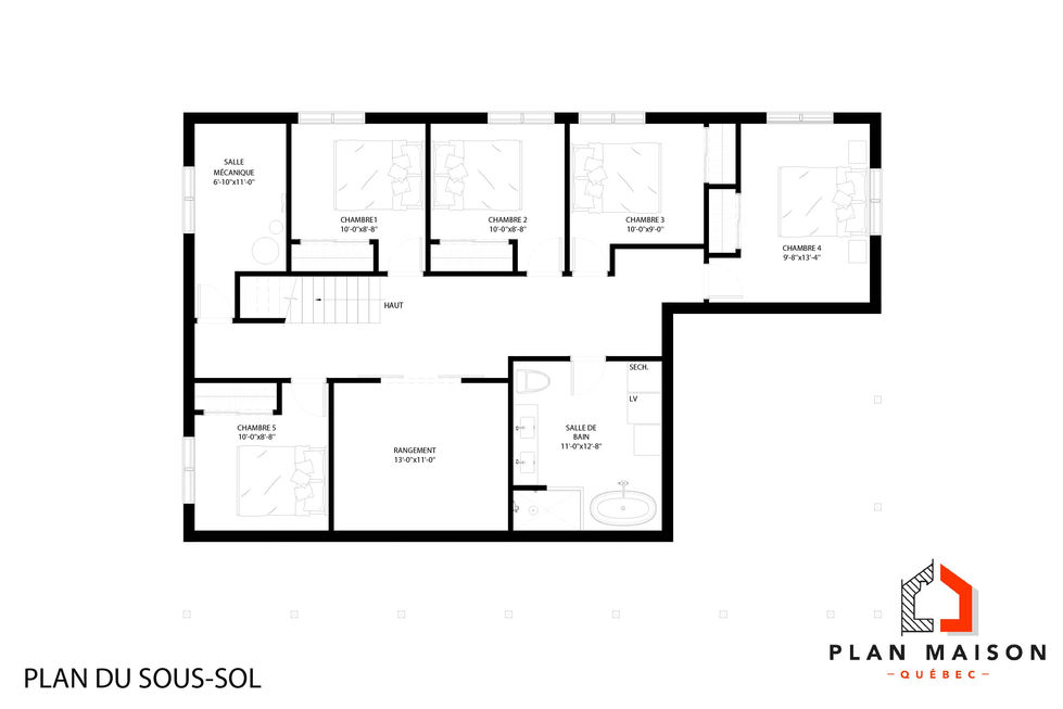 Plan résidentiel moderne comprenant plusieurs chambres et espaces de rangement optimisés.