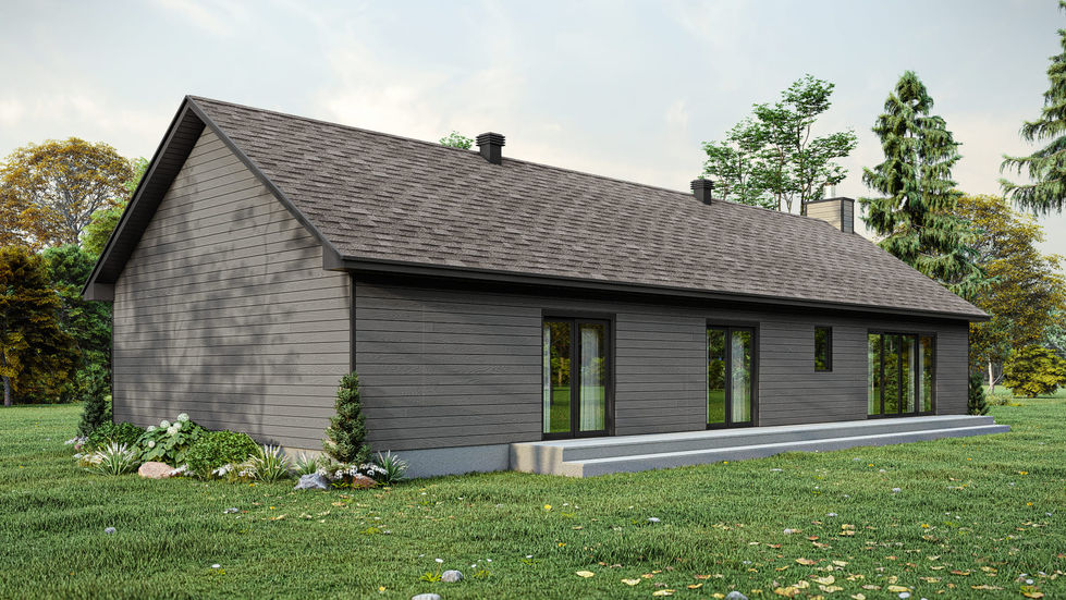 plan de maison moderne 4 chambres plain-pied avec grande fenestration vue arrière