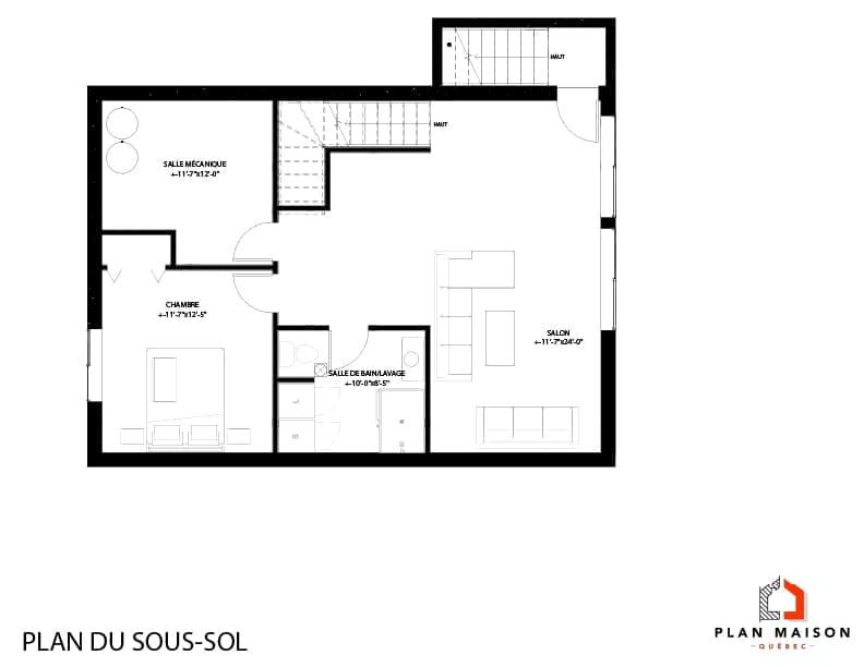 Plan du sous-sol d'une maison contemporaine à toit monopente avec chambre et salle familiale