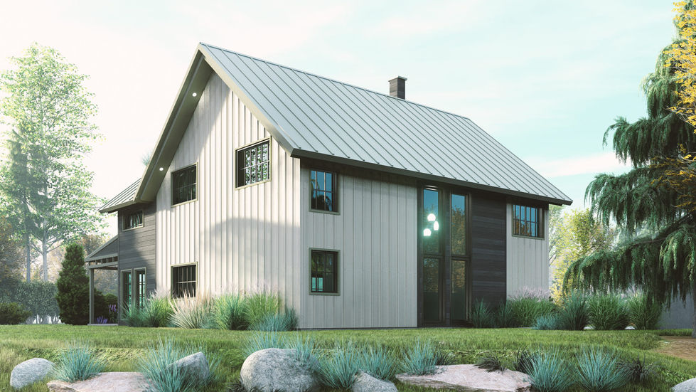 plan de maison farmhouse moderne façade revêtement vertical toiture métal