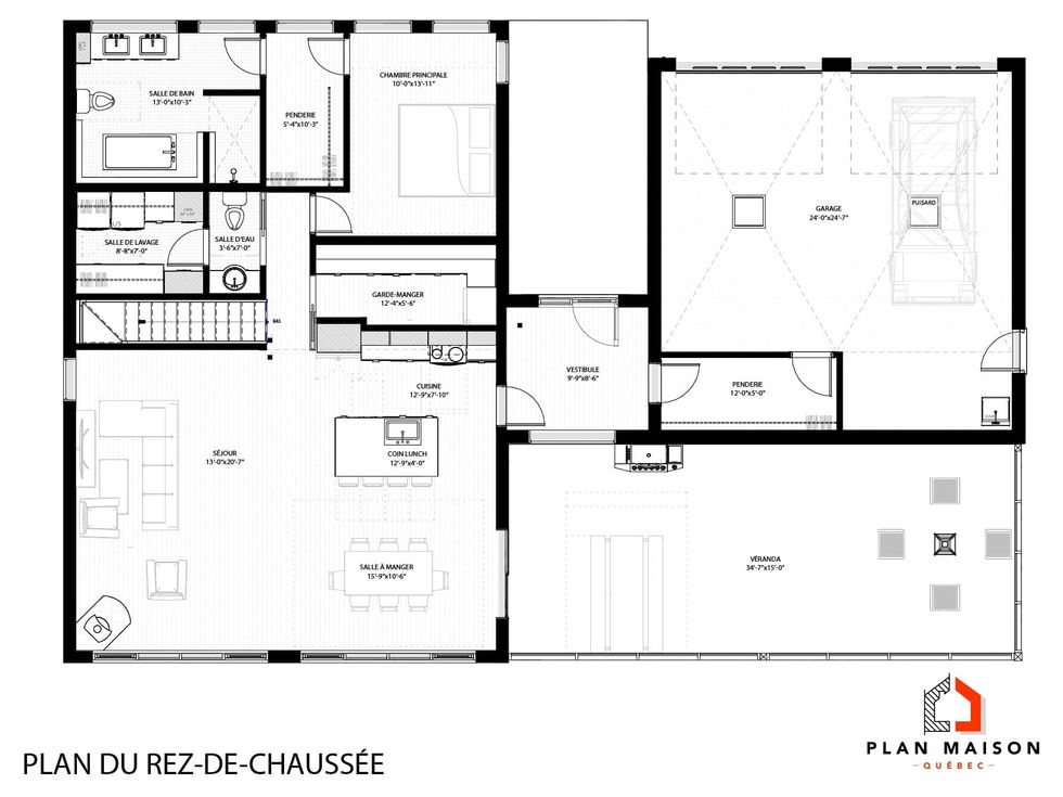Plan du rez-de-chaussée d’une maison contemporaine avec garage double