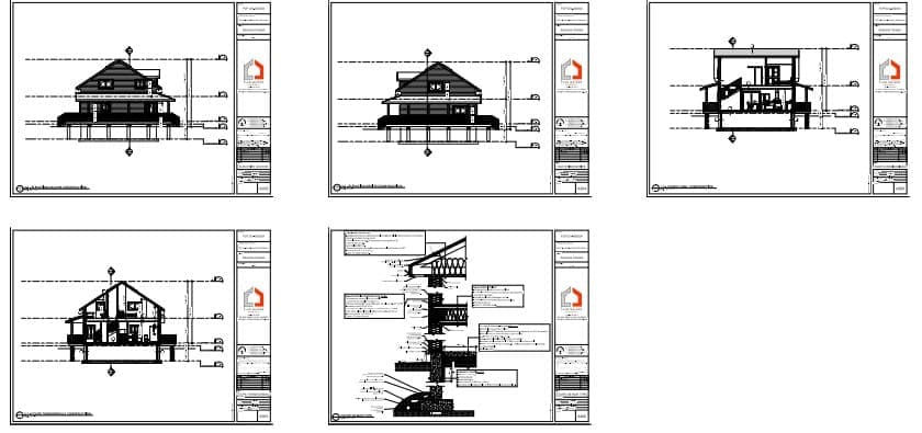 Coupes techniques et élévations architecturales d’une maison champêtre avec véranda couverte