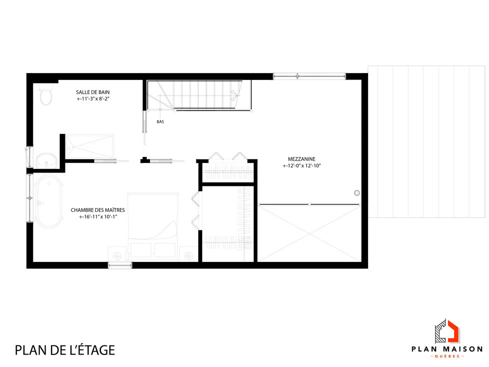 Plan étage maison contemporaine avec mezzanine ouverte et chambre principale