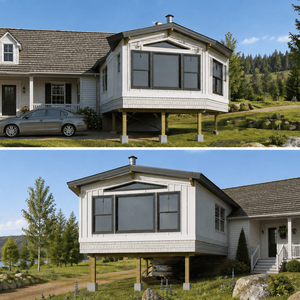 Extension habitable quatre saisons surélevée ajoutée à une maison