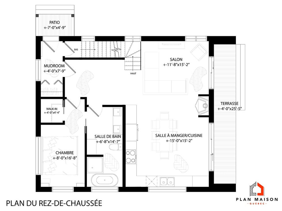 plan rez-de-chaussée maison moderne aire ouverte avec cuisine salon terrasse