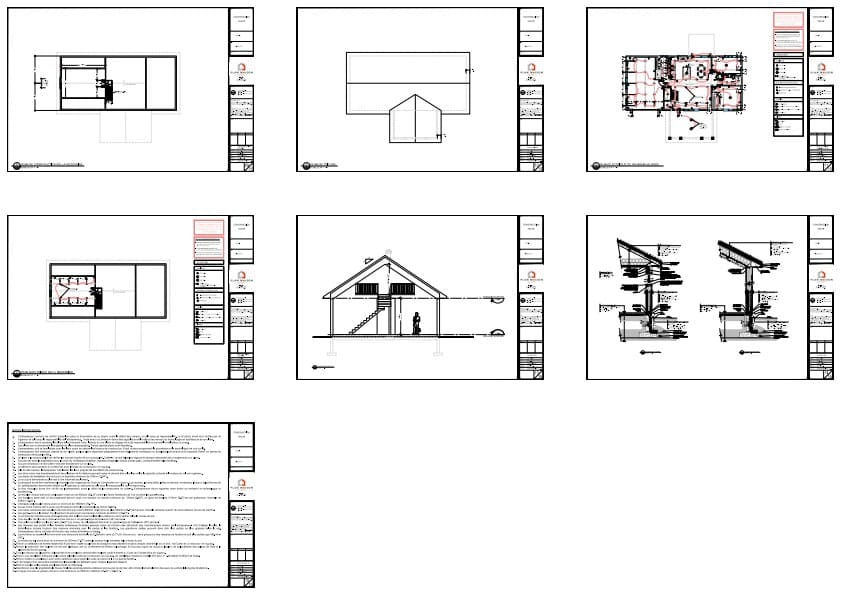 Détails de construction et plans architecturaux d'un bungalow champêtre avec mezzanine.