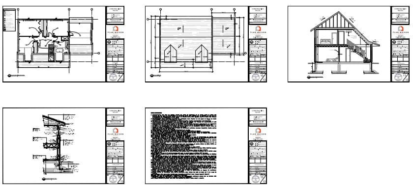 Plans architecturaux détaillés d'une maison farmhouse à deux étages avec garage intégré.