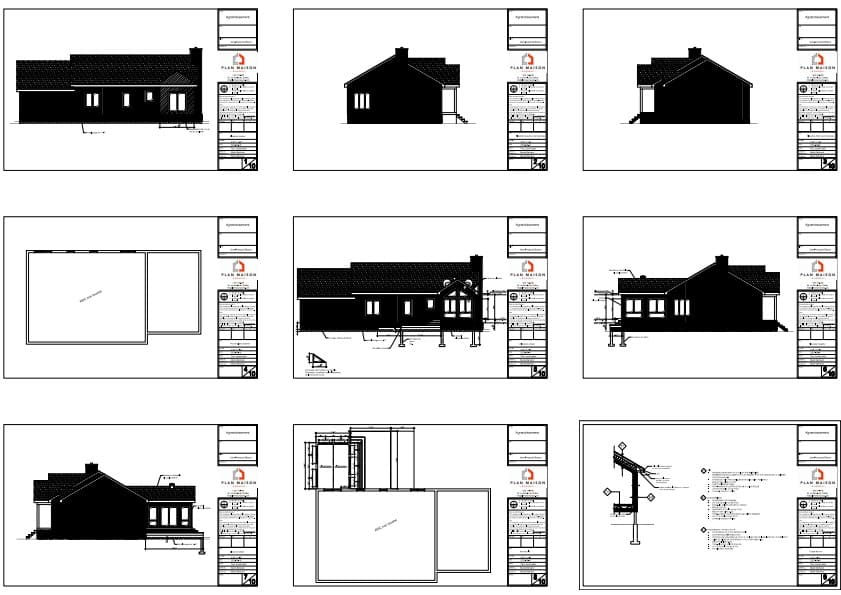 Plans techniques d'une extension résidentielle avec séjour lumineux montrant les élévations et les détails de construction.