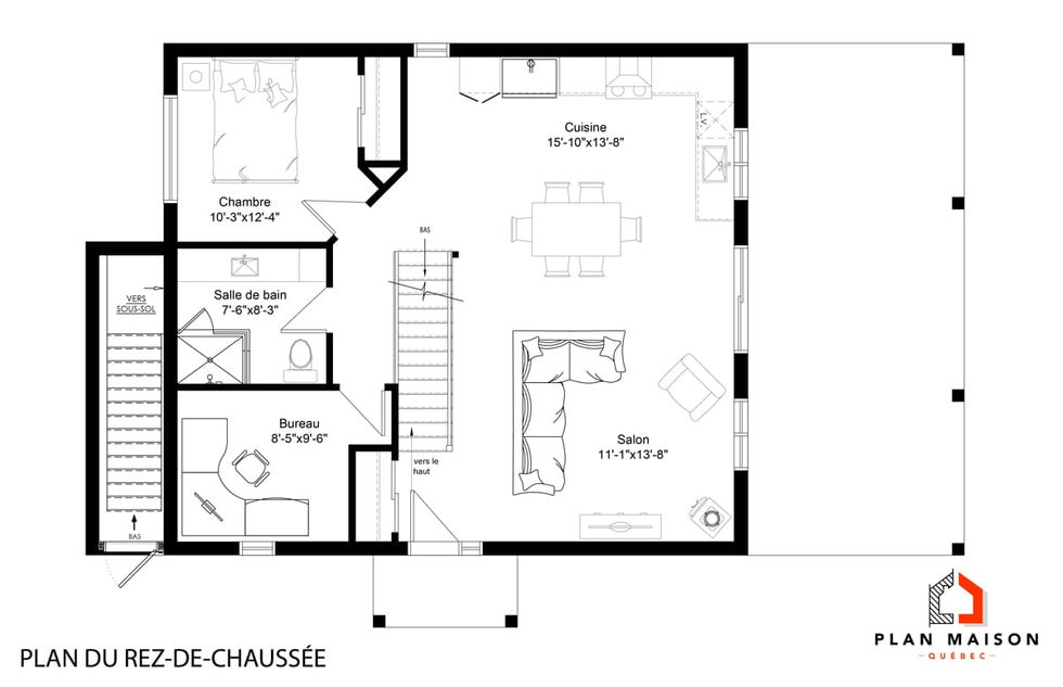 plan rez-de-chaussée maison champêtre aire ouverte avec bureau