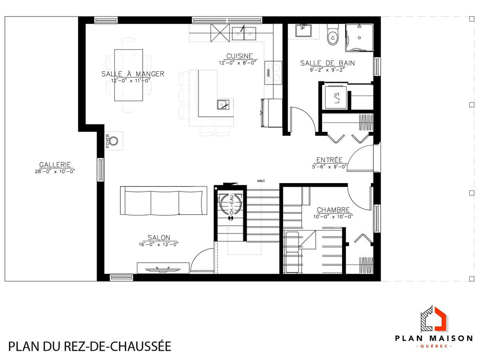 Dessin technique du rez-de-chaussée montrant une cuisine moderne et un salon à aire ouverte pour un plan de maison avec mezzanine.