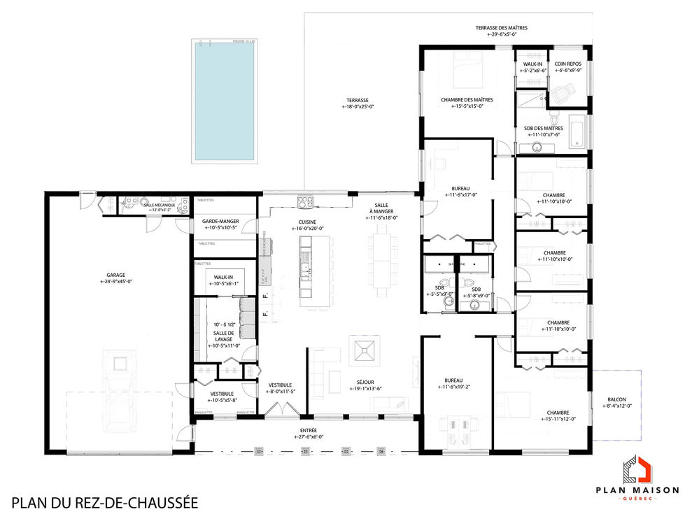 plan maison farmhouse plain-pied garage double bureau