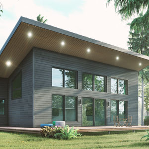 plan de maison contemporaine à toit monopente avec grandes fenêtres et terrasse