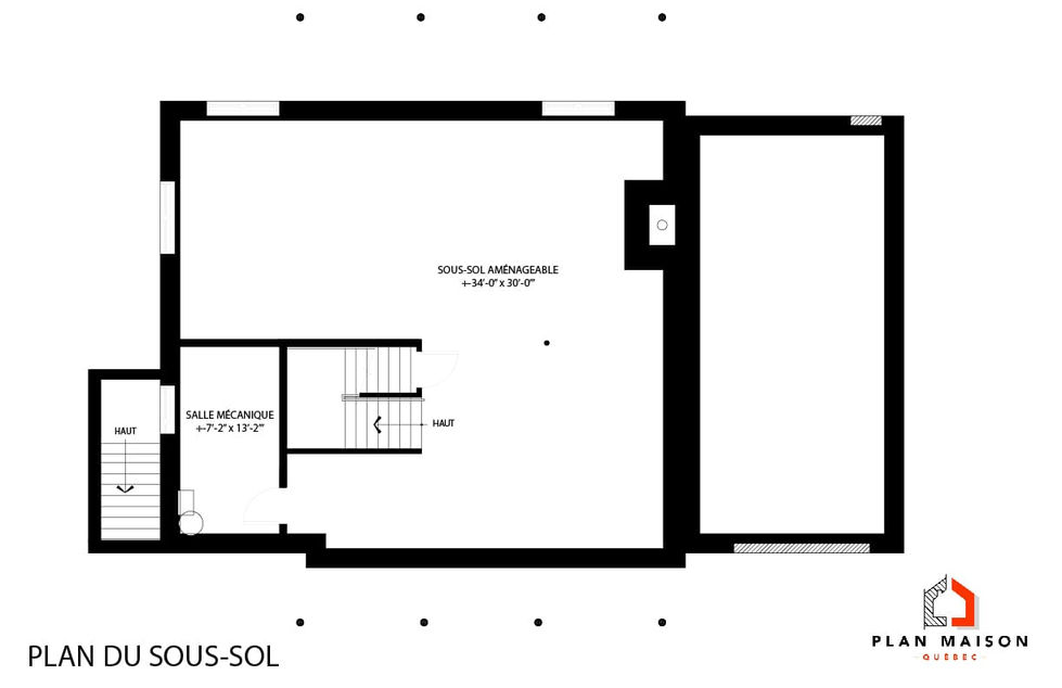 Plan du sous-sol aménageable d’un plan de maison farmhouse 3 chambres avec garage