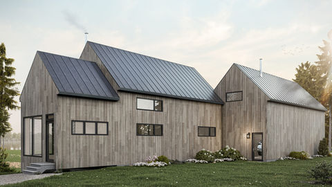 Maison contemporaine en bois avec volumes imbriqués vue avant et toiture métallique