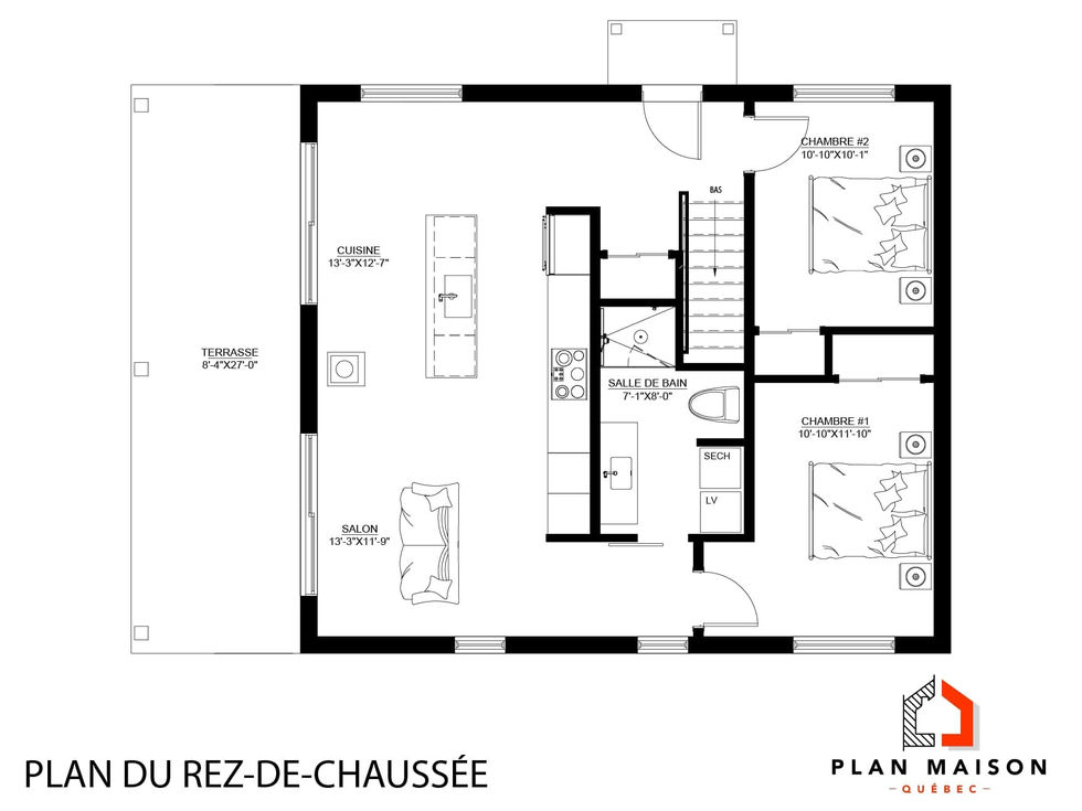 plan rez-de-chaussée maison champêtre avec cuisine ouverte et deux chambres