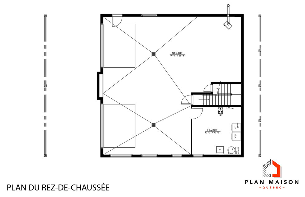 plan de maison avec garage double en rez-de-jardin et salle de lavage