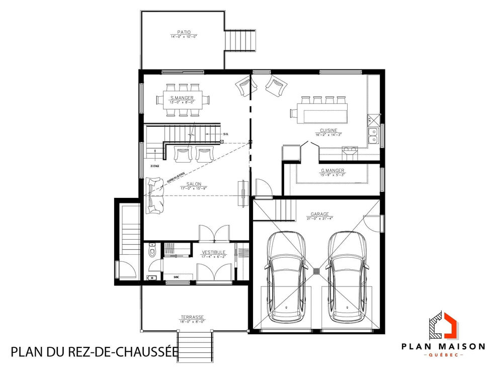 Plan rez-de-chaussée résidence moderne contemporaine avec garage double intégré et volumes épurés