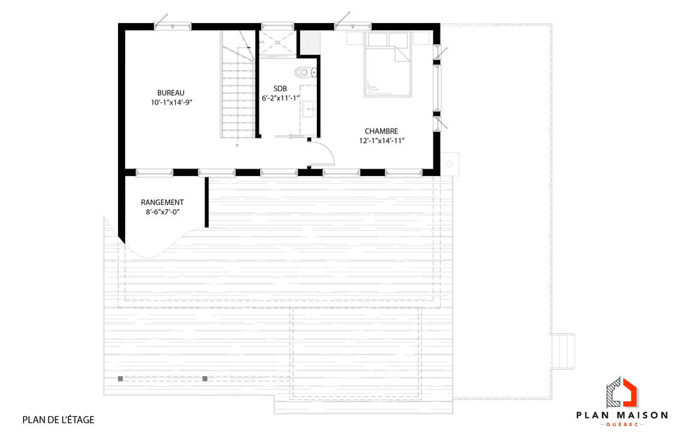 Plan d’étage d’une maison contemporaine avec bureau, chambre et salle de bain complète.