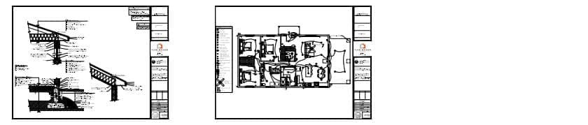 Dessins techniques d'une maison de campagne moderne avec trois chambres et terrasse couverte