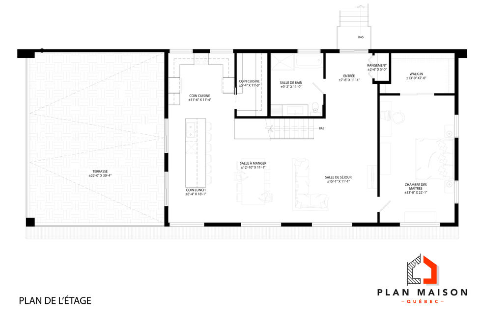 Plan de l'étage d'une maison moderne avec cuisine ouverte, terrasse couverte et chambre principale avec walk-in.