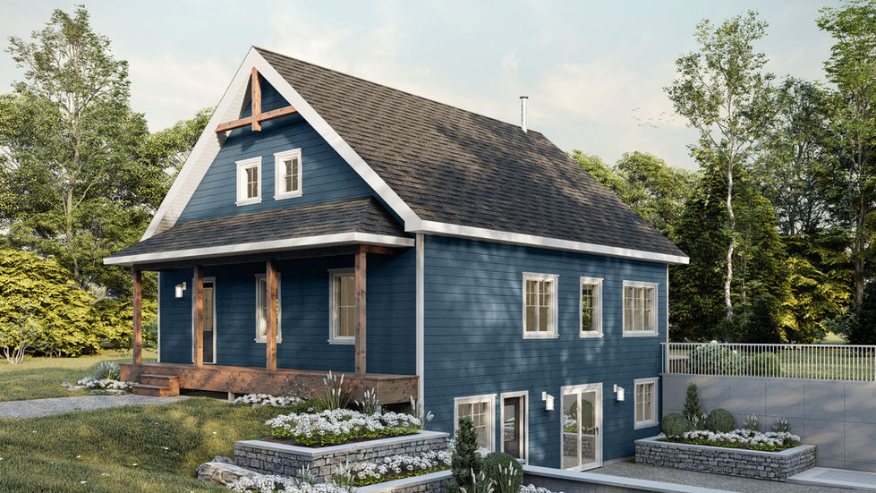 Vue arrière maison farmhouse avec sous-sol rez-de-jardin et grandes fenêtres