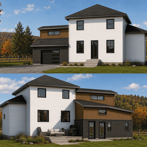 Ajout de garage à une maison avec étage aménagé comprenant une chambre et un salon vu de l'avant.