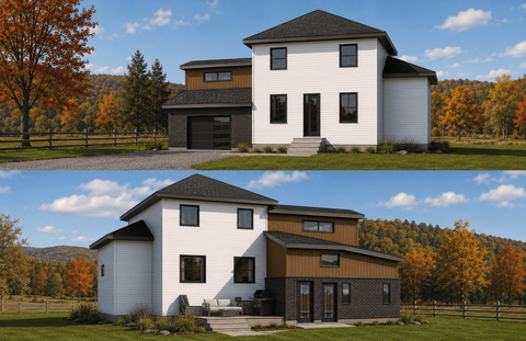 Ajout de garage à une maison avec étage aménagé comprenant une chambre et un salon vu de l'avant.