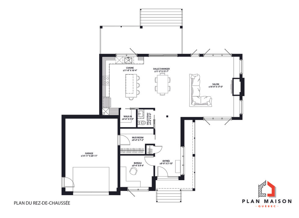 Plan de maison farmhouse moderne avec garage simple et aire ouverte.