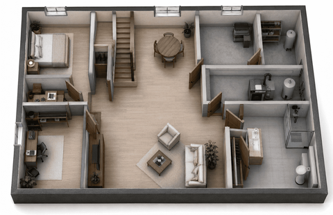 Projet de réaménagement complet de sous-sol résidentiel avec salle familiale, chambre, bureau, salle de bain et espaces de rangement.