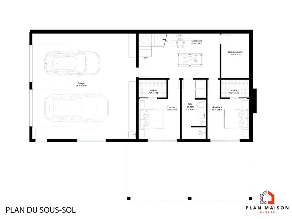 Plan du sous-sol maison farmhouse contemporaine avec garage double chambres et salle familiale