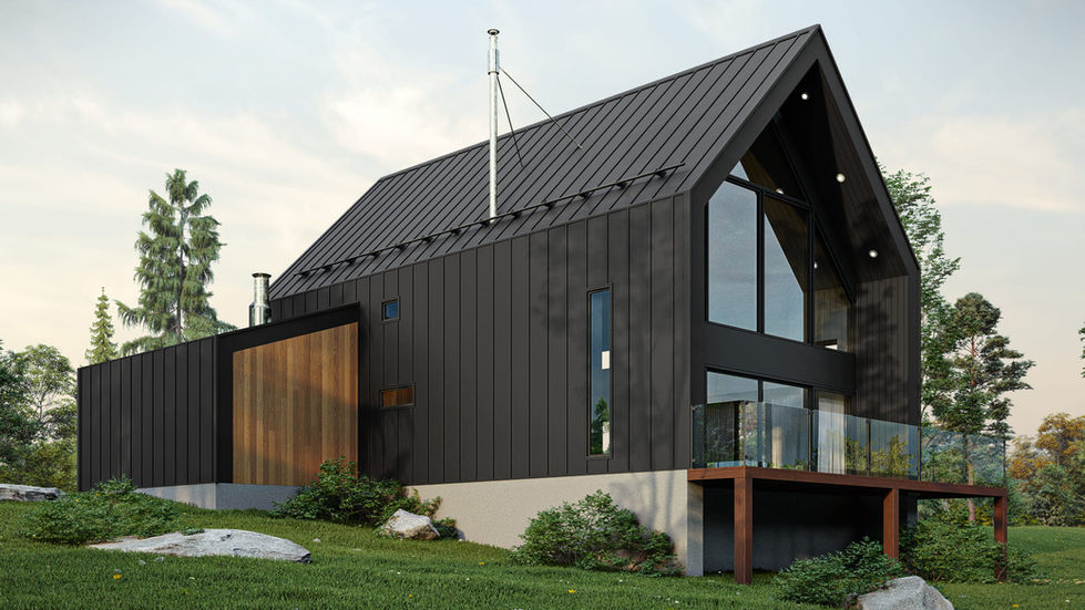 Perspective arrière d’une maison scandinave noire avec grande fenestration