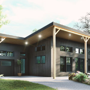 plan de maison contemporaine 2 chambres avec terrasse couverte façade avant