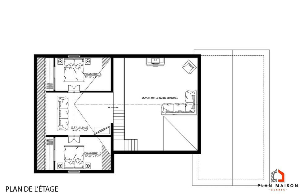Plan de l’étage d’une maison farmhouse avec chambres et salle familiale