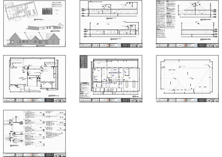 Plans techniques complets d’un bungalow farmhouse avec garage double et bureau.