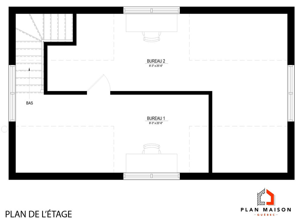 Plan d’étage d’un garage atelier farmhouse avec deux bureaux