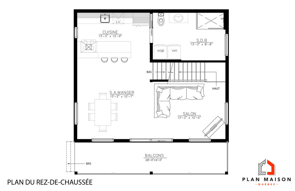 plan rez-de-chaussée chalet contemporain aire ouverte cuisine salon salle à manger
