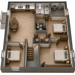 Vue 3D d'un plan de rénovation de sous-sol avec 3 chambres, cuisine ouverte, salon et salle de bain.