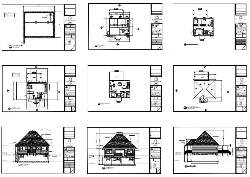 Plans techniques complets d'une maison à toit mansardé 3 chambres avec bureau.